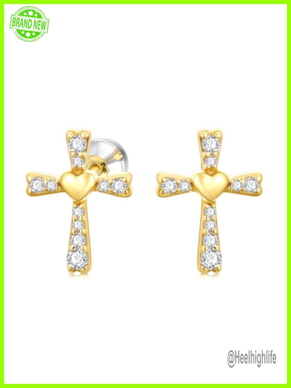 14k Yellow Gold Lab Grown Diamond Heart Cross Stud Earrings Women